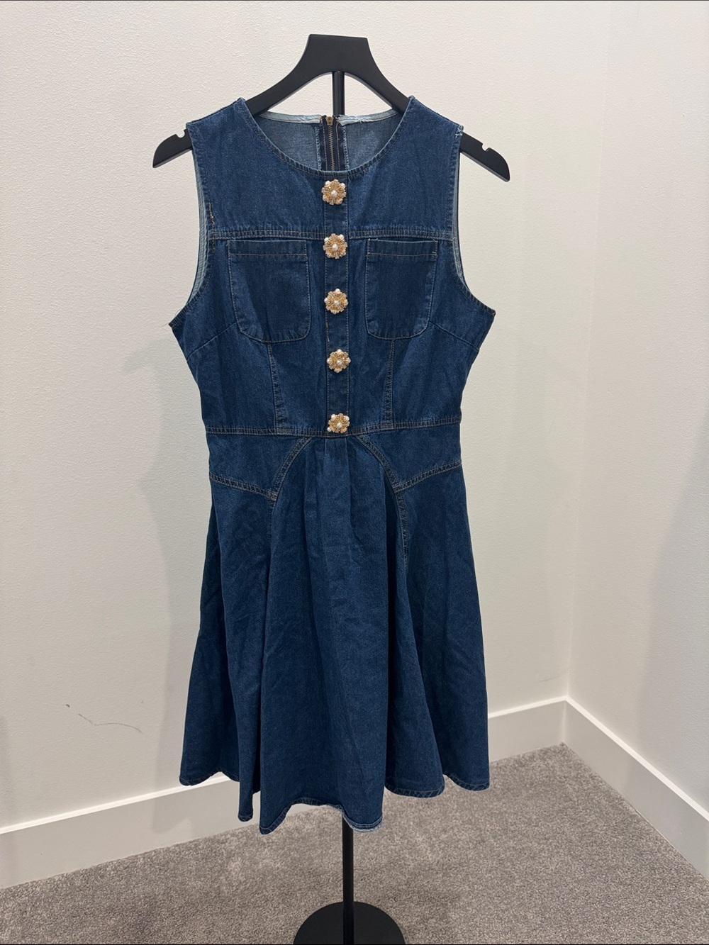 Sleeveless Blue Denim Fit & Flare Dress - Picture 3 of 4